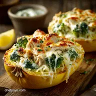 Ultimate Cheesy Chicken and Broccoli Stuffed Spaghetti Squash Bake