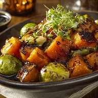 Roasted butternut squash and brussel sprouts with Sticky Maple-Soy Glaze