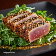 Sesame Crusted Tuna Steak on Arugula: Quick Soy-Ginger Sear