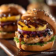 Teriyaki Turkey Burgers with Grilled Pineapple and Sticky Onions