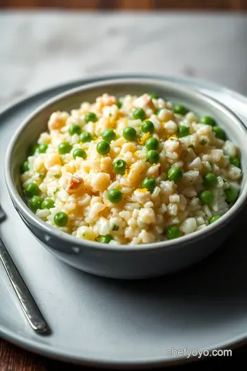 Creamy Fish Stock Risotto with Peas and Lemon Zest presentation