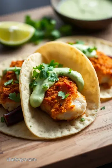Crispy Fish Tacos with Creamy Lime-Cilantro Sauce presentation