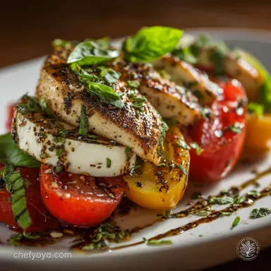 Basil Chicken and Tomato Salad: Easy Summer Caprese Meal Recipe Card