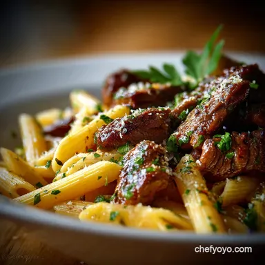 Creamy Cheesy Penne with Garlic Butter Ground Beef Bake Recipe Card