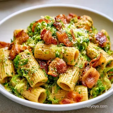 Creamy Brussels Sprouts Pasta with Bacon Recipe Card
