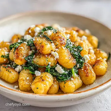 Crispy Gnocchi with Spinach and Feta Recipe: Pan-Seared in 15 Minutes Recipe Card