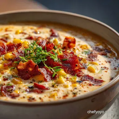 Cheddar Corn Chowder with Bacon: Ultra-Creamy Winter Comfort Food Recipe Card