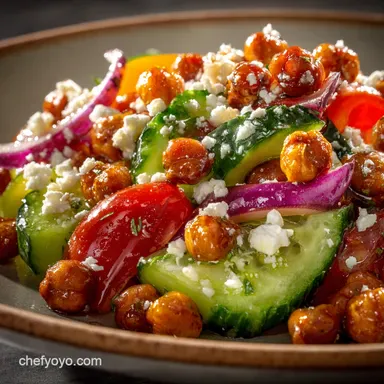 Greek Tomato Cucumber Salad with Crispy Chickpeas The Satisfying 30Minute Main Dish Recipe Card