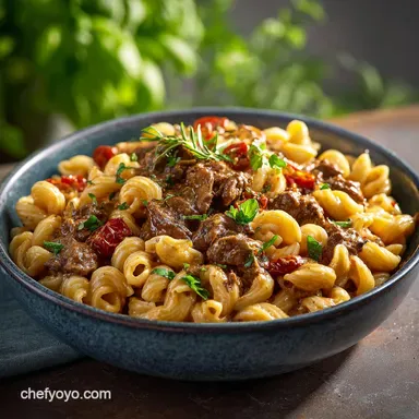 High Protein Creamy Beef Pasta 40 Min LowFuss Weeknight Dinner Recipe Card