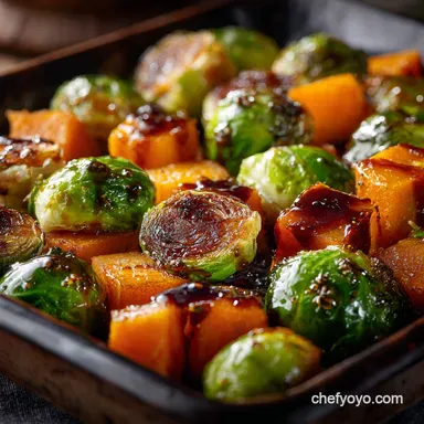 Roasted butternut squash and brussel sprouts with Sticky Maple-Soy Glaze Recipe Card
