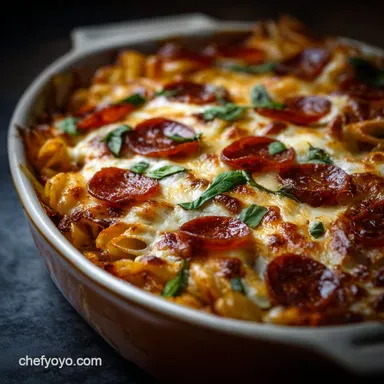 Pizza Pasta Bake Super Easy Pepperoni Casserole Recipe Recipe Card