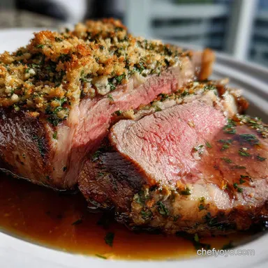 ribeye roast: Perfect Garlic-Herb Crust Red-Wine Pan Jus Recipe Card
