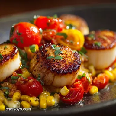 Scallops with Corn and Tomatoes Perfect Seared Seafood Dinner Recipe Recipe Card