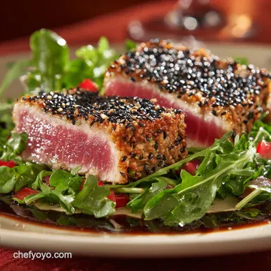 Sesame Crusted Tuna Steak on Arugula: Quick Soy-Ginger Sear Recipe Card