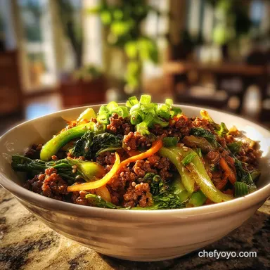 Spicy Ground Beef Stir Fry Bowl in 20 Minutes | Garlic Veggies Recipe Card