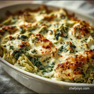 2 Ingredient Spinach Artichoke Chicken Bake Ready in 30 Min | Creamy Recipe Card