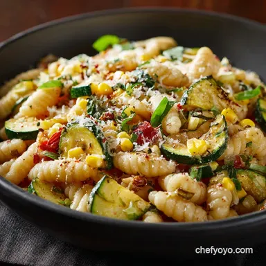 Summer Cavatelli Pasta with Corn Zucchini and Toma: Quick Fresh 35-Minute Dinner Recipe Card
