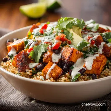 Roasted Sweet Potato and Black Bean Quinoa Bowls Zesty Dressing Recipe Card