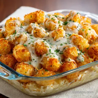 Tater Tot Casserole: Crispy Topping Homemade Cream Sauce Recipe Card