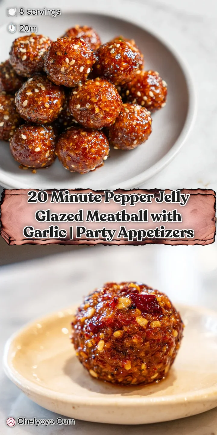 Close-up of a rich, red pepper jelly glazed meatball, showcasing its sticky sheen and savory texture.