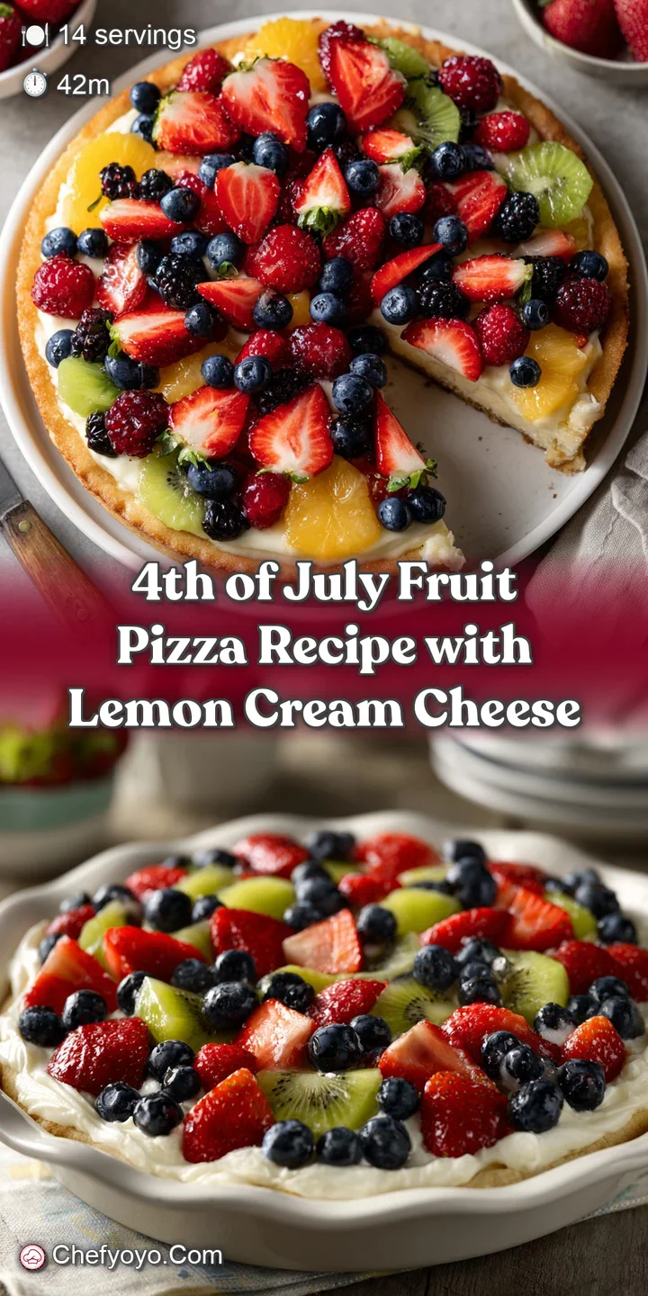 Close-up of a fruit pizza slice, glistening with fresh blueberries, strawberries, and kiwi atop a thick layer of sweet, wh...