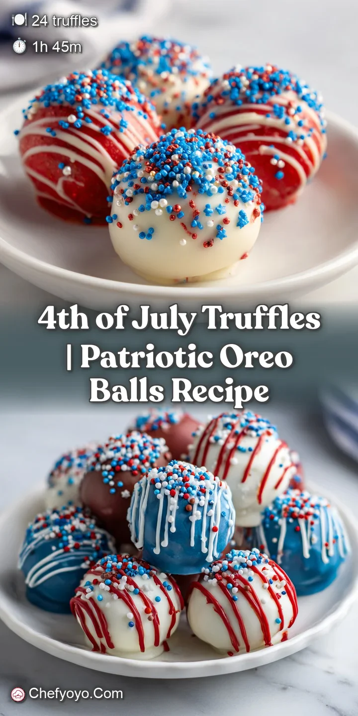 Red, white, and blue chocolate truffles dusted with edible glitter on a dark plate, visually festive and sweet.