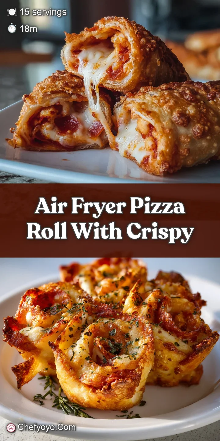 Close-up of an air-fried pizza roll, showcasing its bubbly, golden crust. Visible herbs create visual texture with molten ...