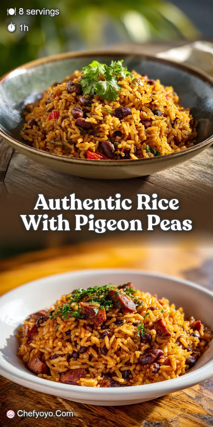 Close-up of fluffy rice and soft pigeon peas, revealing a mix of textures and colors that promises a satisfying and flavor...