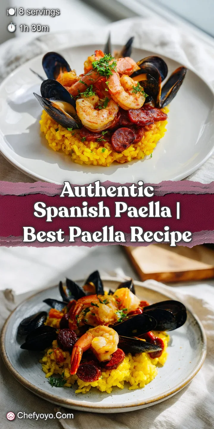 Close-up of glistening, saffron-infused rice with toasted chorizo rounds and juicy, golden-brown chicken bits.