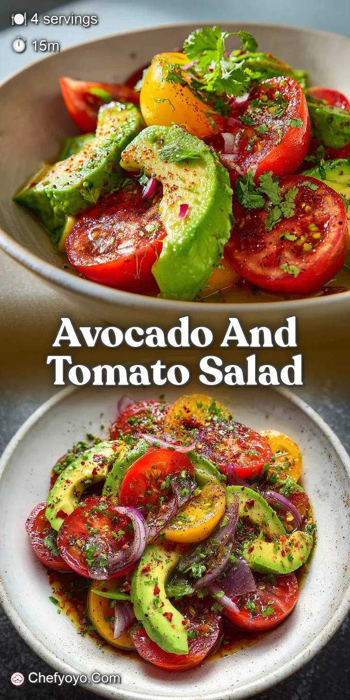 Close-up of a refreshing avocado and tomato salad. Diced avocado and tomato. Shiny dressing coats the ingredients beautifu...