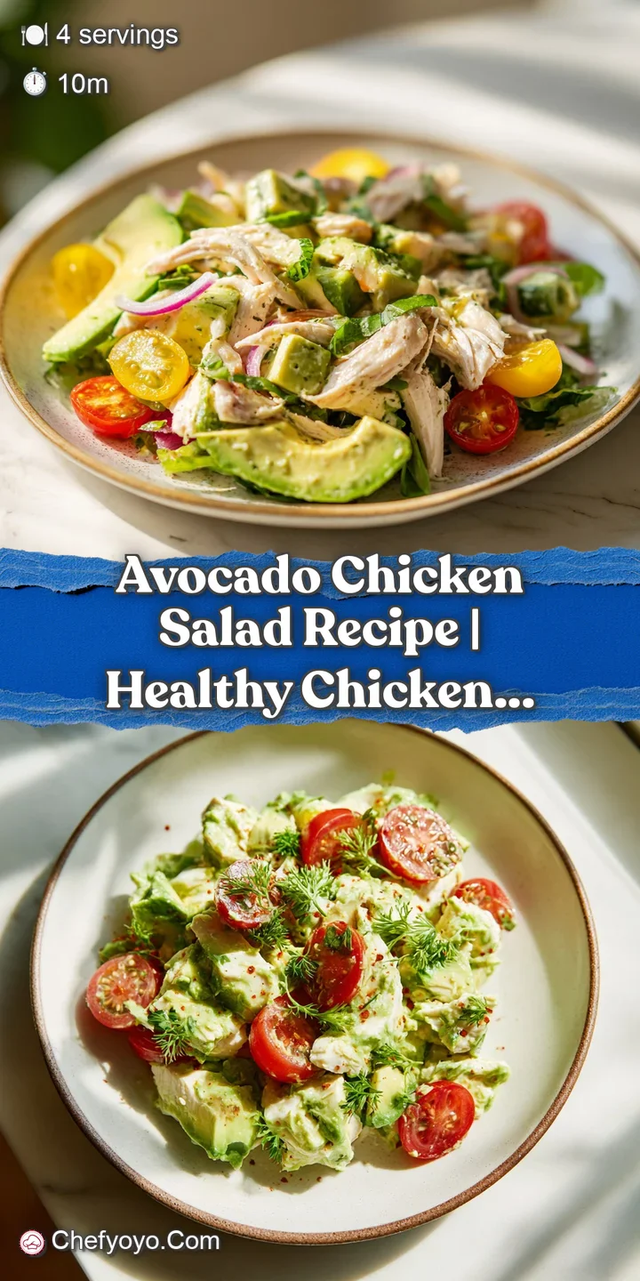 Close-up of chunky, vibrant green avocado chicken salad with visible tender chicken shreds and bright herbs.