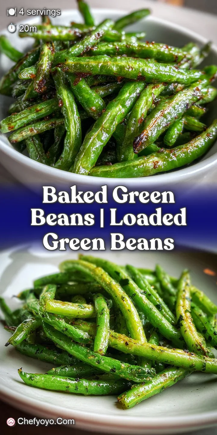 Close-up of baked green beans with a wrinkled, almost charred texture. A glisten of oil highlights their crispness, with a...