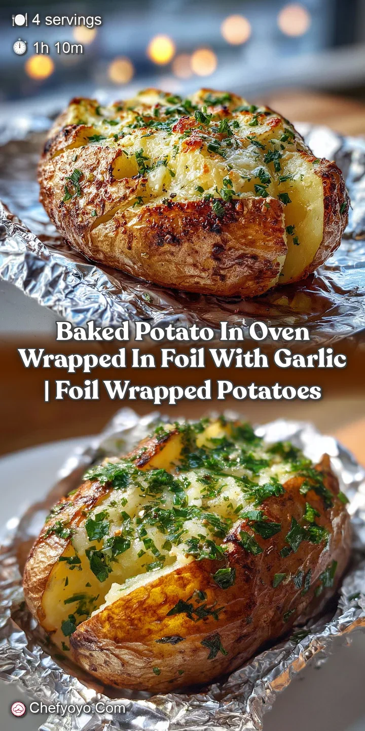 Close-up of a steaming baked potato, soft and pillowy interior contrasted by crispy skin. Garlic cloves add a savory aroma...