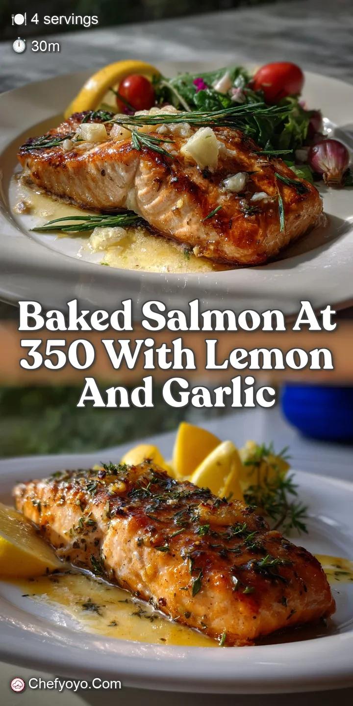Close-up of a tender salmon fillet with glistening, moist flakes, accented by roasted garlic cloves and a squeeze of fresh...