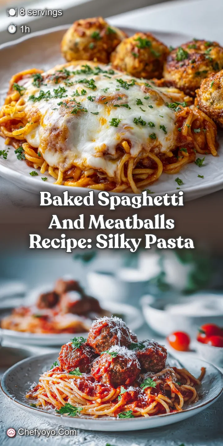 Close-up of bubbling baked spaghetti and meatballs, featuring melted mozzarella with browned spots. Rich tomato sauce and ...