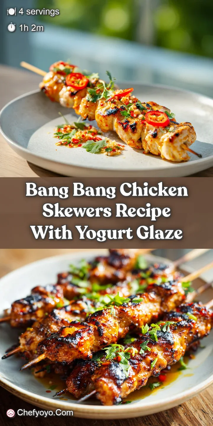 Close-up of glistening Bang Bang chicken skewers, the sticky orange glaze catching the light. Toasted sesame seeds and gre...