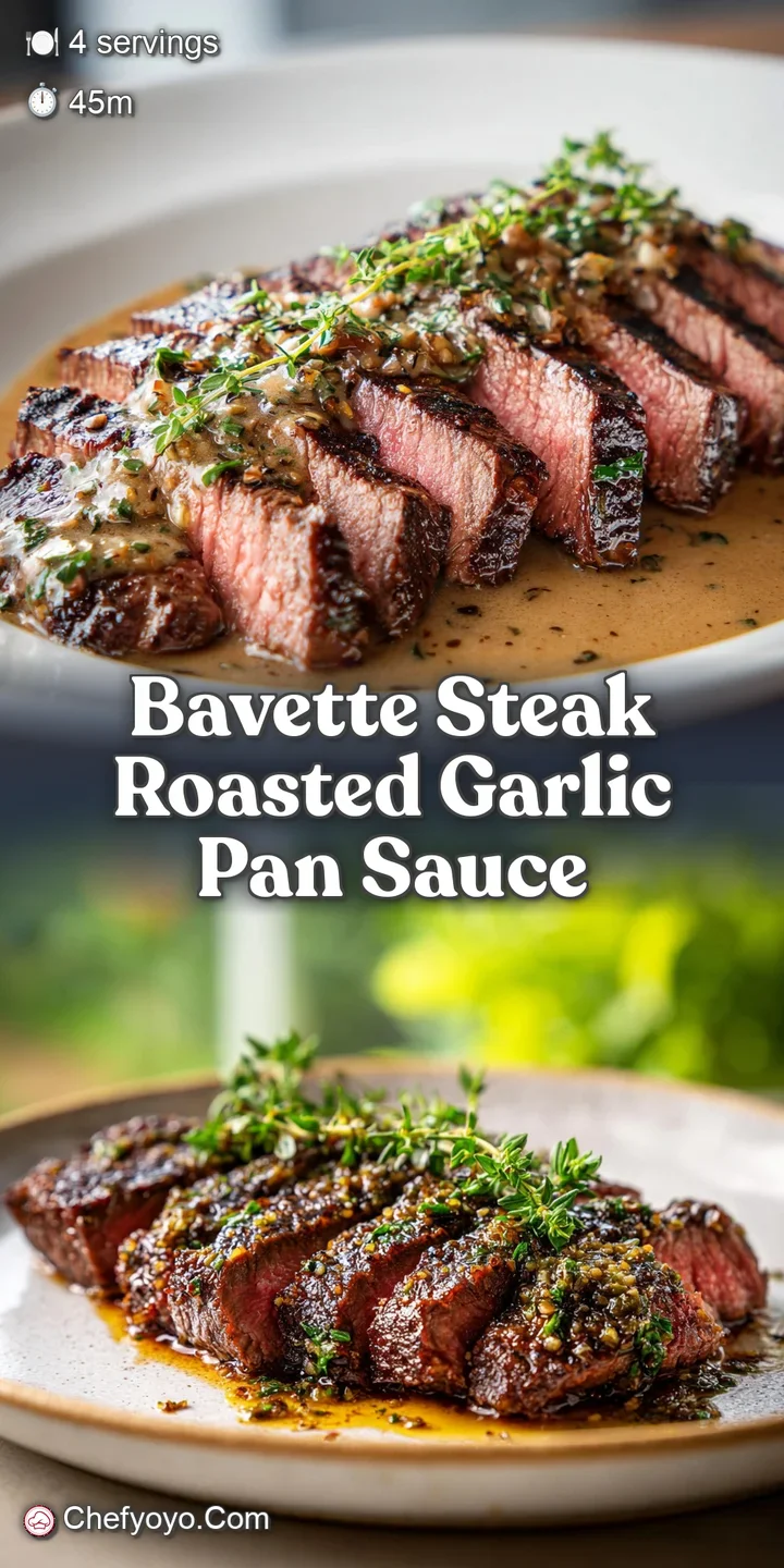 Close-up of tender bavette steak drenched in decadent roasted garlic pan sauce, showcasing glistening juices and textures.