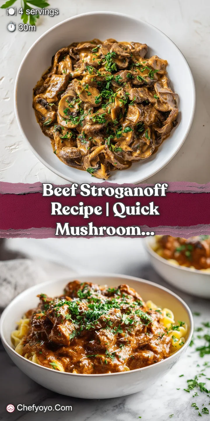 Close-up of glistening, tender beef morsels bathed in a velvety, umami-rich mushroom sauce.