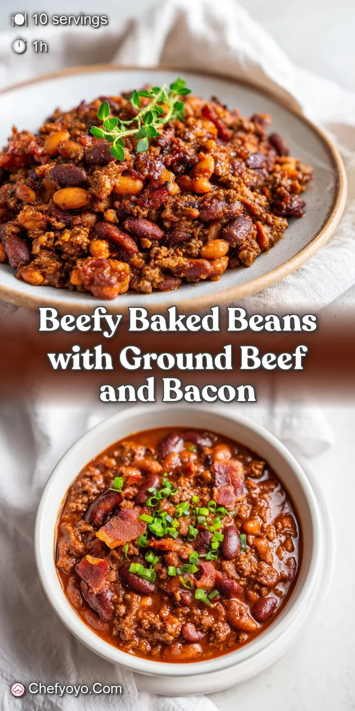 Close-up of tender baked beans, speckled with savory ground beef and a hint of tomato.