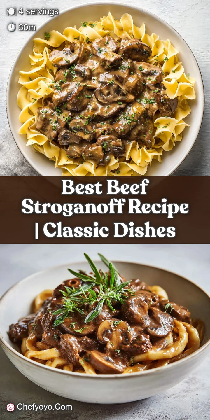 Up-close view of glistening sirloin nestled in a creamy, pale-yellow stroganoff sauce. Hints of paprika and sauteed onion ...