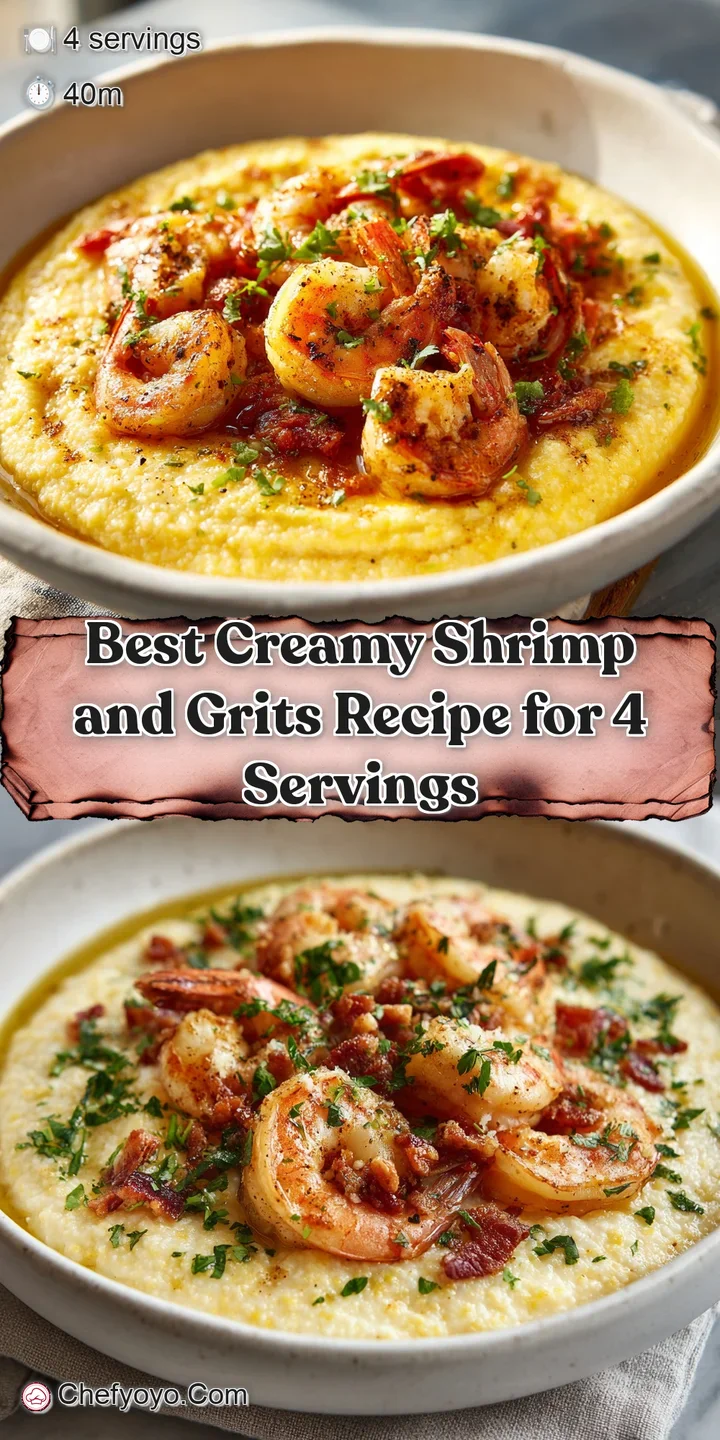Close-up: Plump, juicy shrimp nestled in creamy grits, glistening with butter and flecked with herbs, an inviting texture.