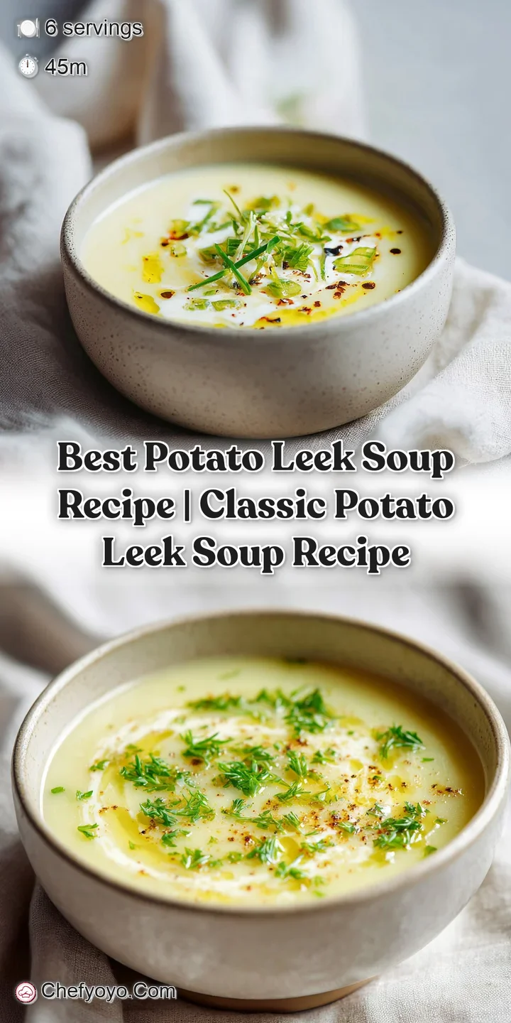 Close-up of velvety potato leek soup with Yukon gold potato chunks, topped with crunchy croutons and freshly snipped chives.