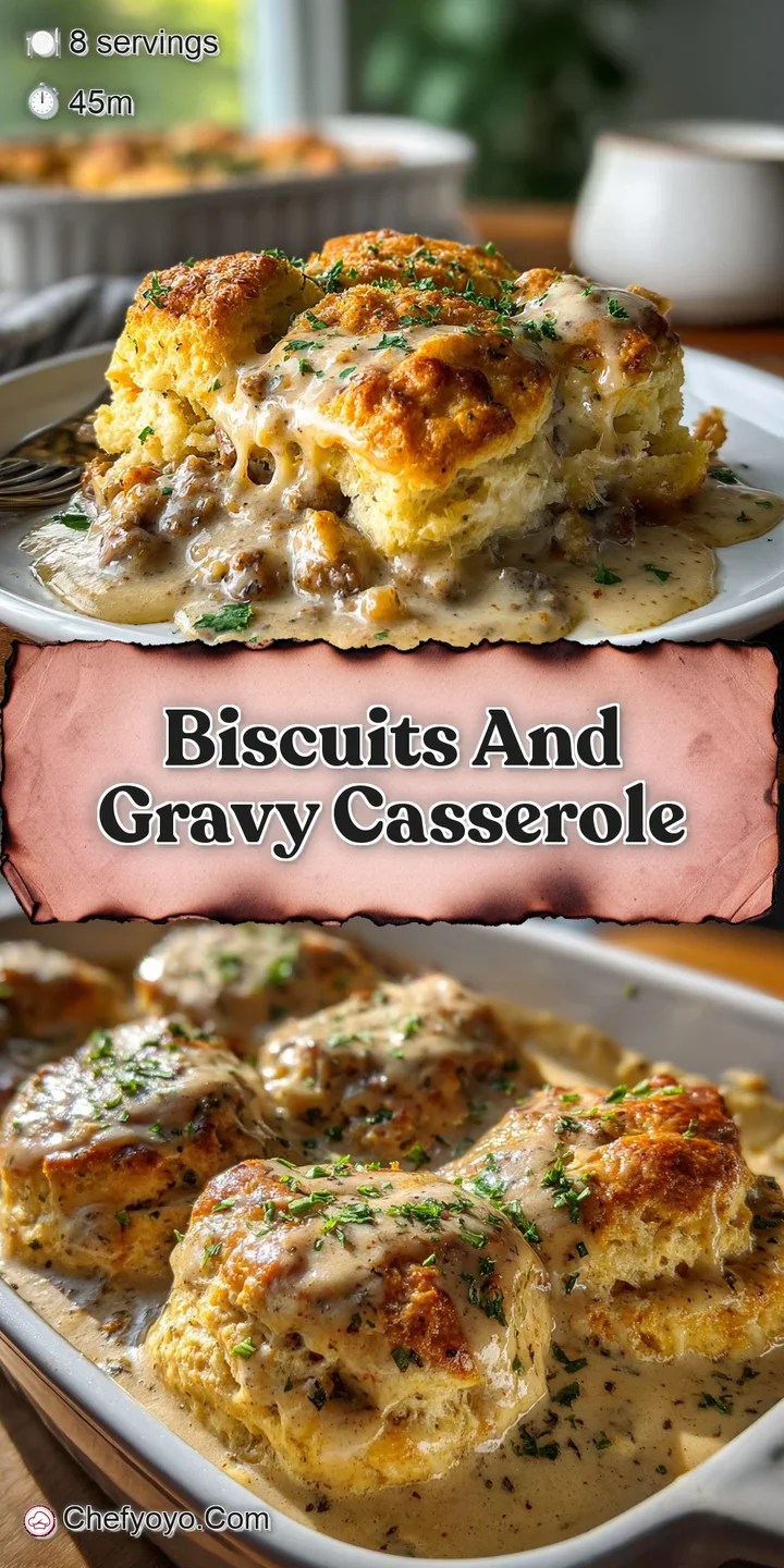 Close-up of a biscuit and gravy casserole, revealing flaky biscuit layers and a thick, glistening gravy with savory sausag...