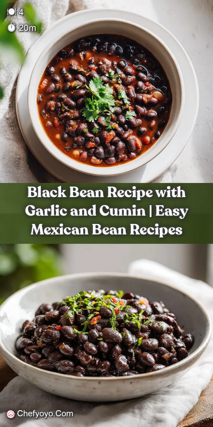 Close-up of glossy, tender black beans with flecks of garlic and cumin, showcasing their rich texture.