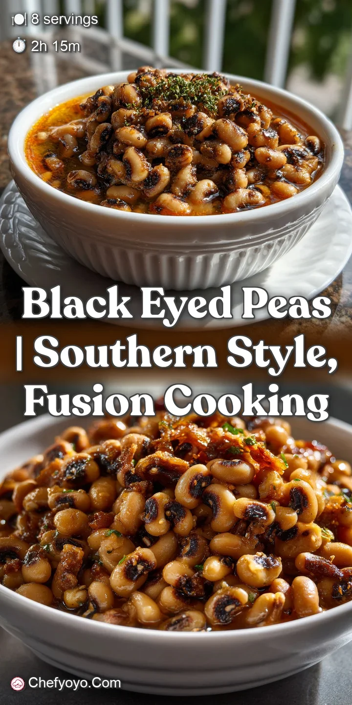 A close-up of tender black-eyed peas. The dish has a glistening sauce, and a gentle warmth emanates from the steamy, rich ...