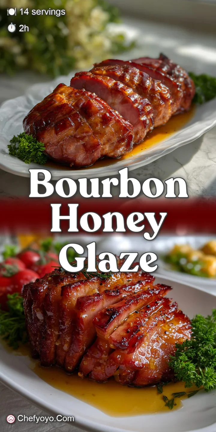 Close-up of a glazed ham slice. The rich, amber glaze has a beautiful sheen, the meat is juicy, and it&rsquo;s dotted with clove...