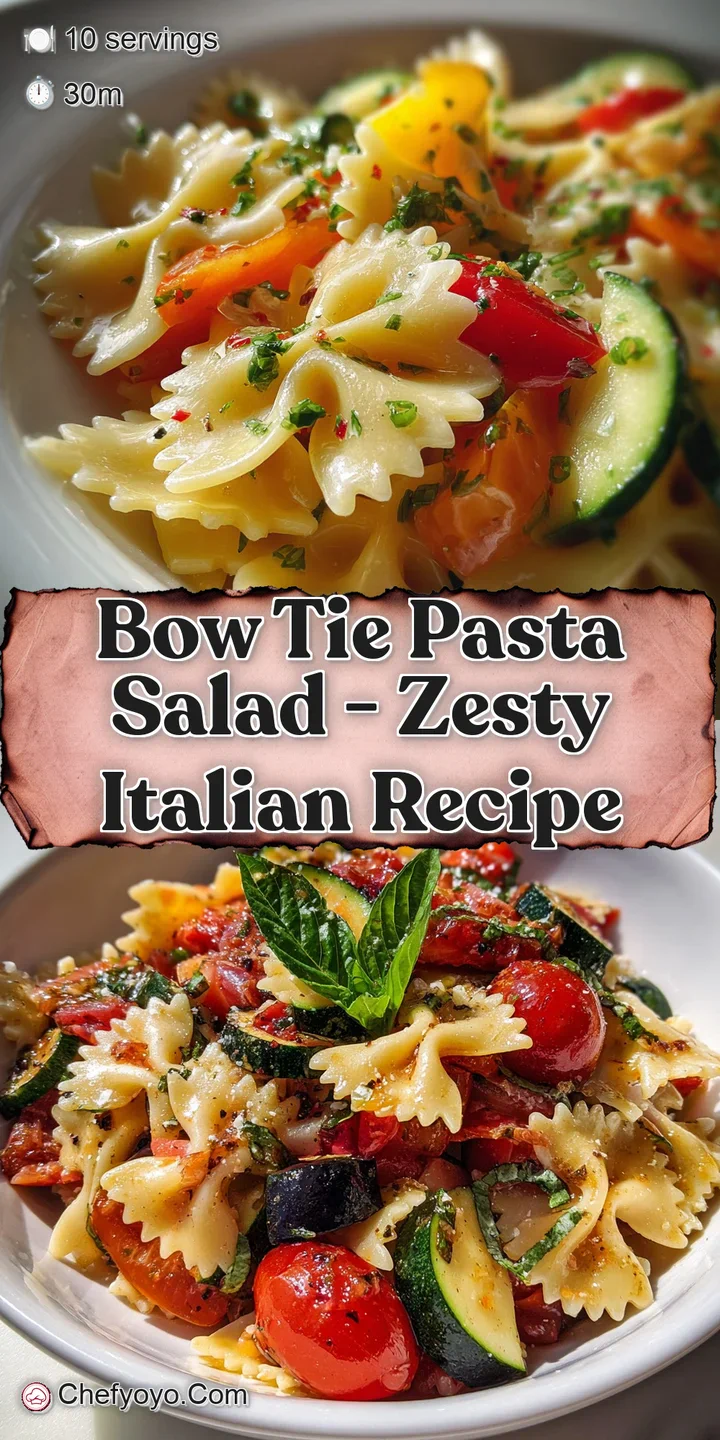 Close-up of bow tie pasta salad showcasing glossy dressing, tender pasta texture, and colorful flecks of herbs and crisp v...