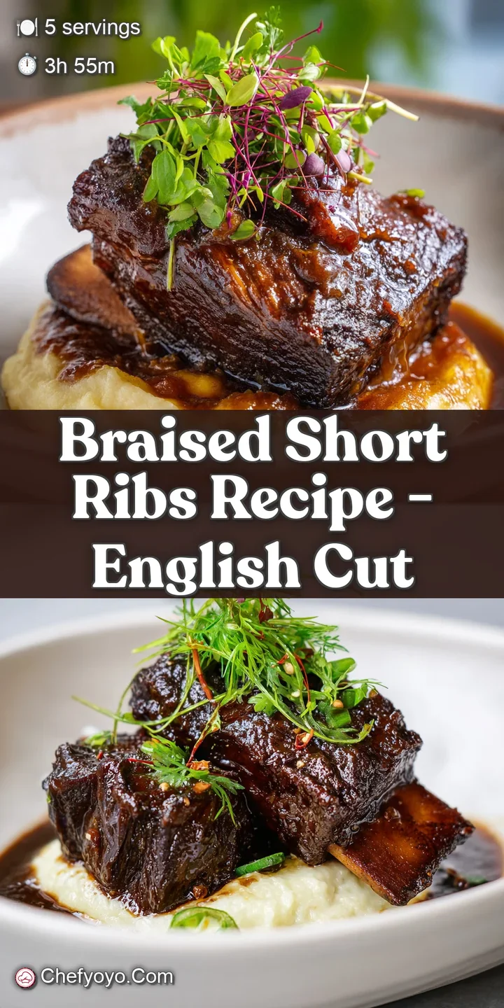 Close-up of fall-apart tender braised short ribs; caramelized edges, rich mahogany color and a deeply savory, glistening s...