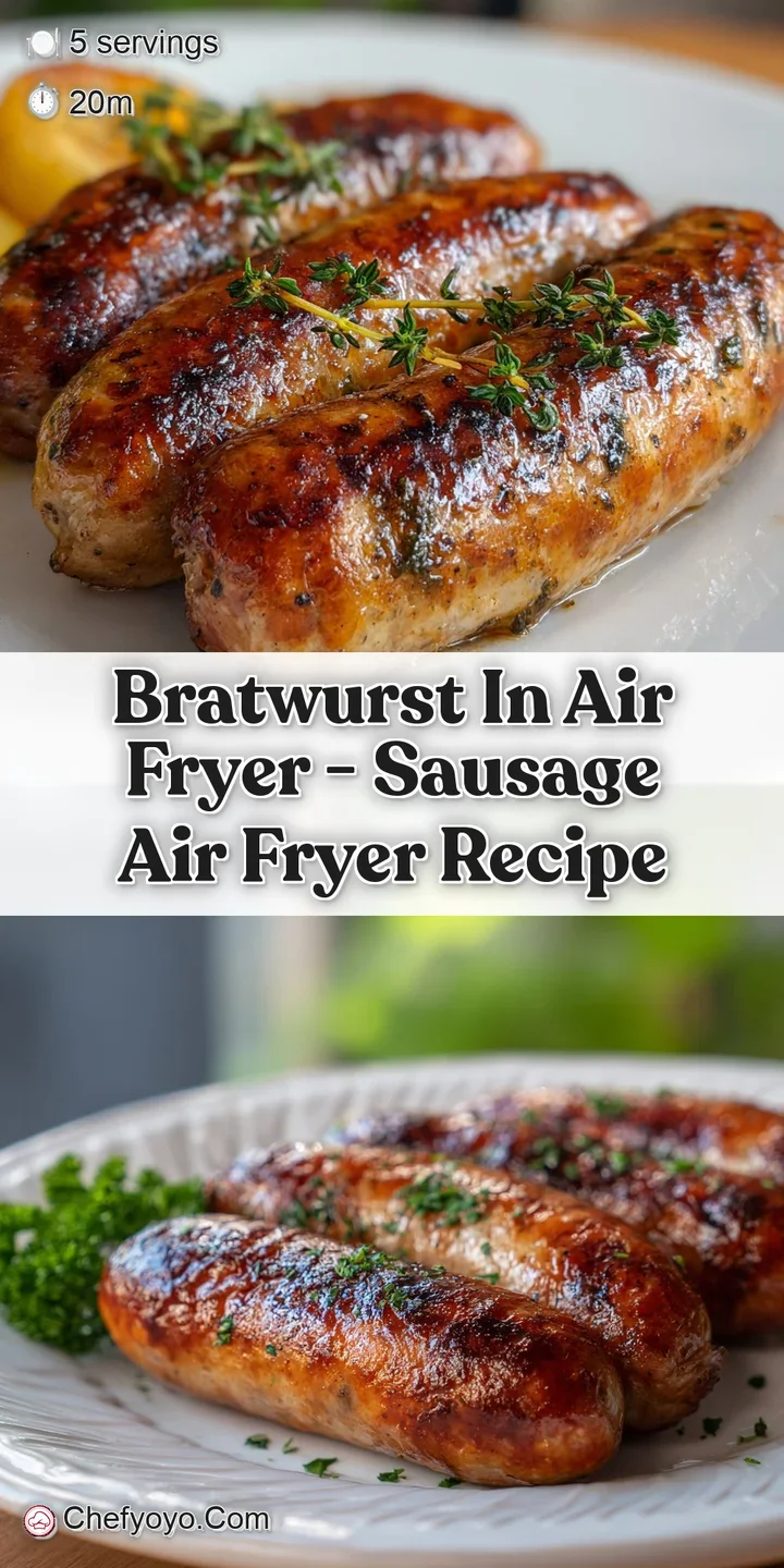 Close-up shows a plump, golden-brown bratwurst with juicy burst marks, hinting at a savory, perfectly cooked sausage.