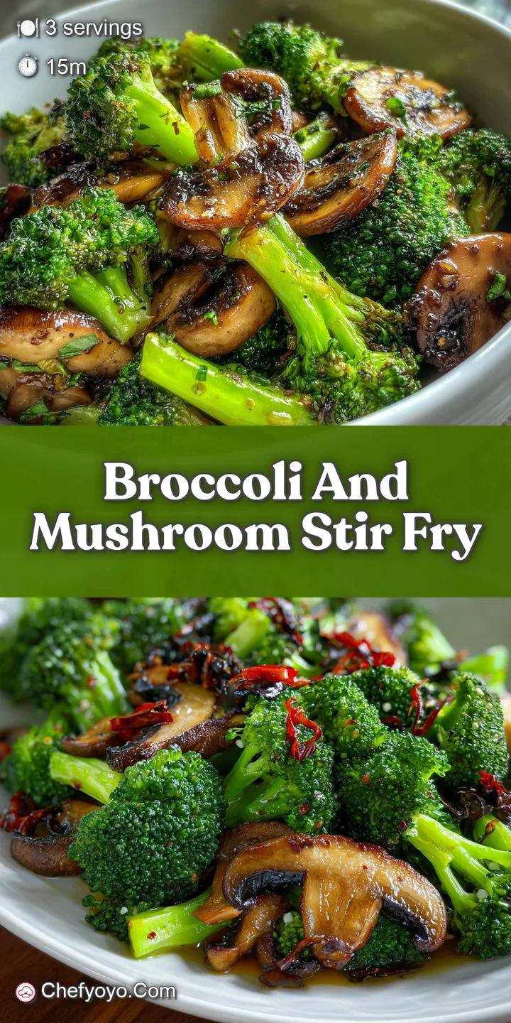Close-up of glistening broccoli and mushrooms, highlighting the umami-rich sauce and enticing textures in the stir-fry.